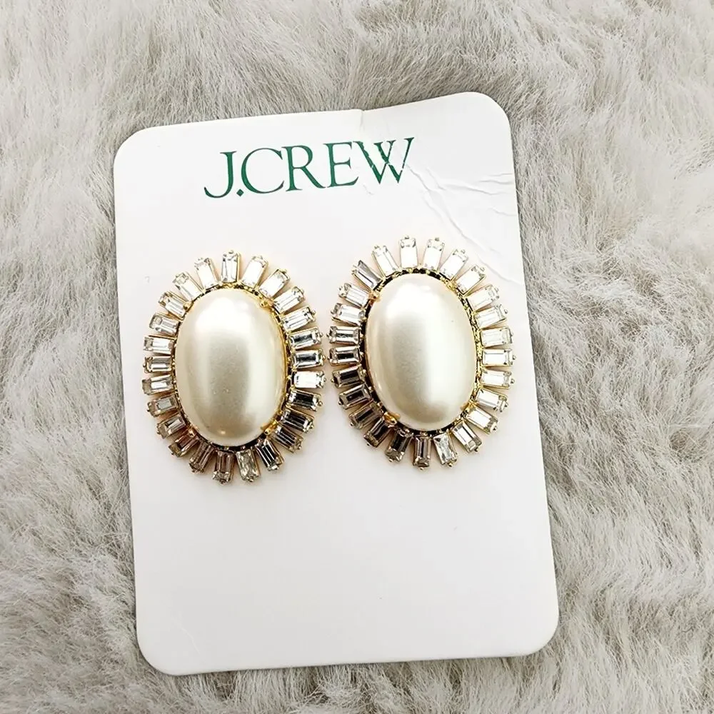 J. Crew Oversized Pearl and Baguette Crystal Statement Stud Earrings Gold NWT
